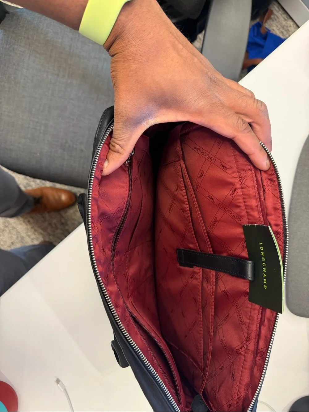 Longchamp Black Leather Laptop Bag with Orange, Red and Gray Stripes